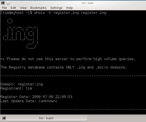 .ing whois server screenshot. ++ Please do not use this server to perform high volume queries. The Registry database contains ONLY .ing and .micro domains.